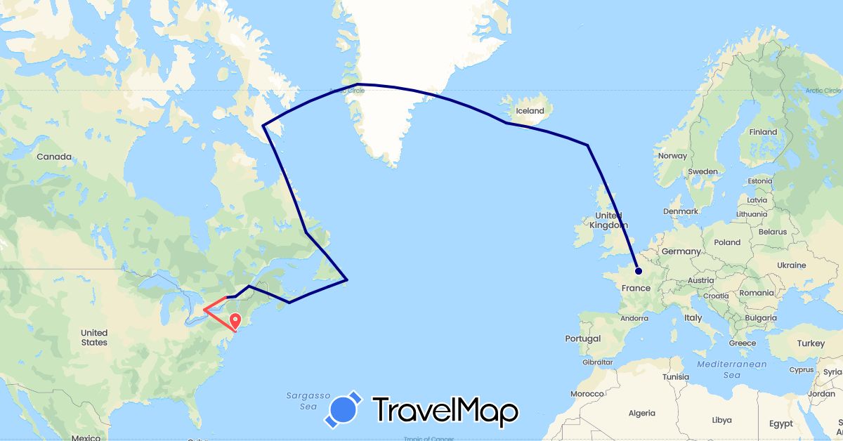 TravelMap itinerary: driving, hiking in Canada, Faroe Islands, France, Greenland, Iceland, United States (Europe, North America)